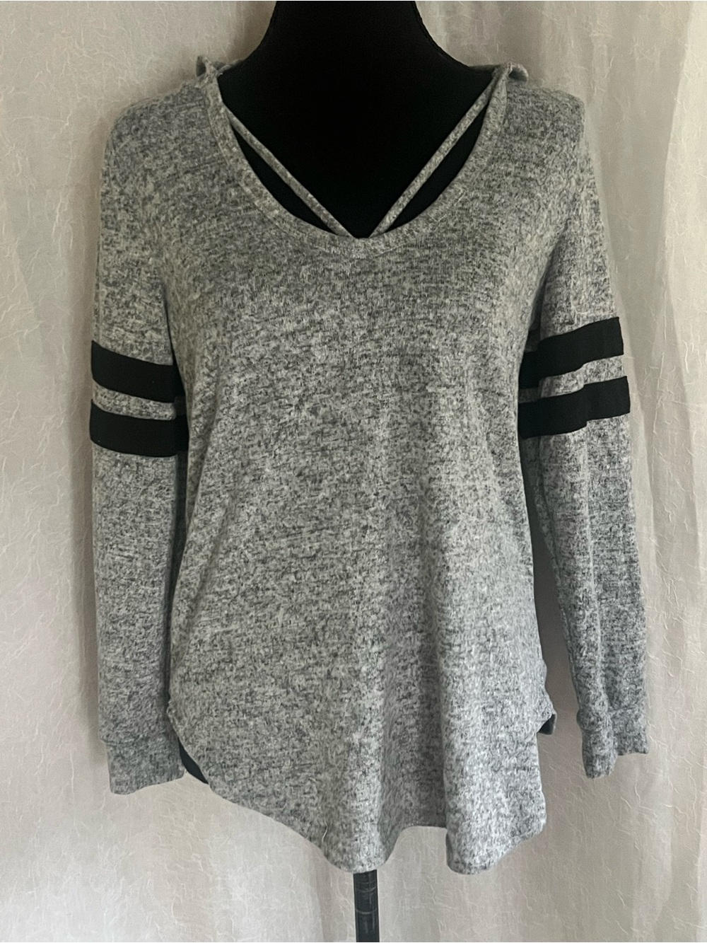 Bobbie Brooks Grey V-Neck Strappy Pullover with Black Sleeve Stripes